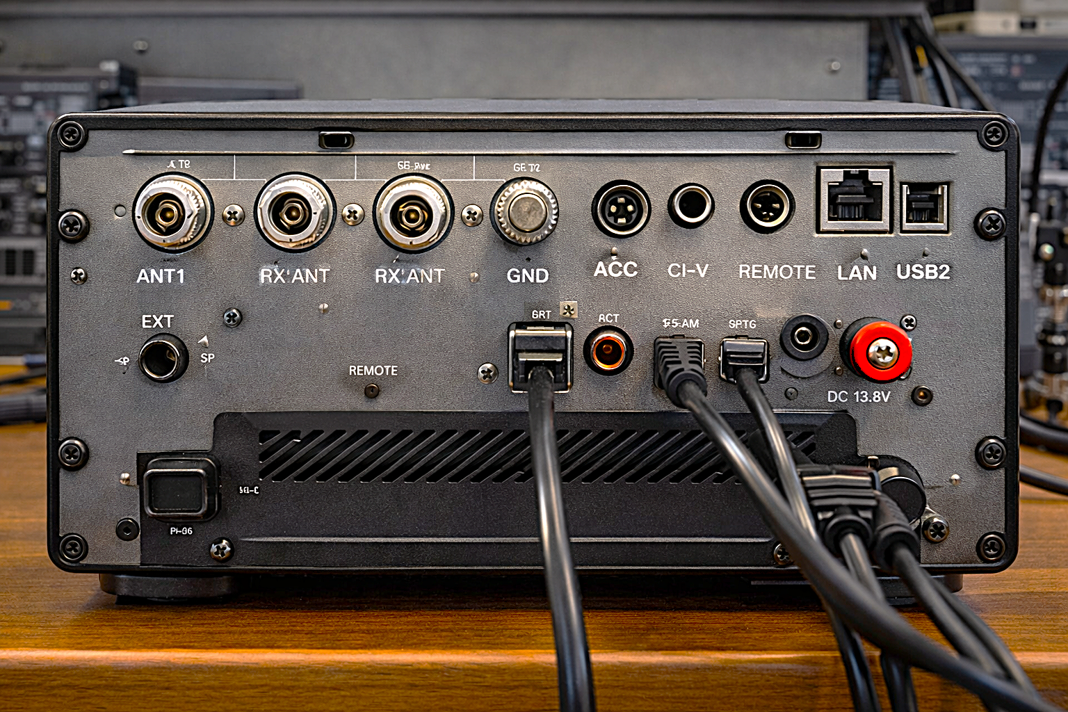 Icom IC-7760 rear panel showing antenna connectors and LAN port