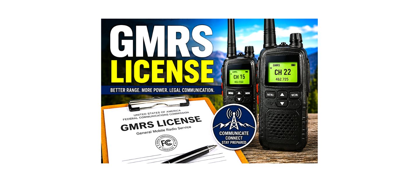 GMRS license featured image showing two handheld GMRS radios, an FCC-style GMRS license application, and outdoor scenery illustrating legal family radio communication, extended range, and repeater-capable operation.