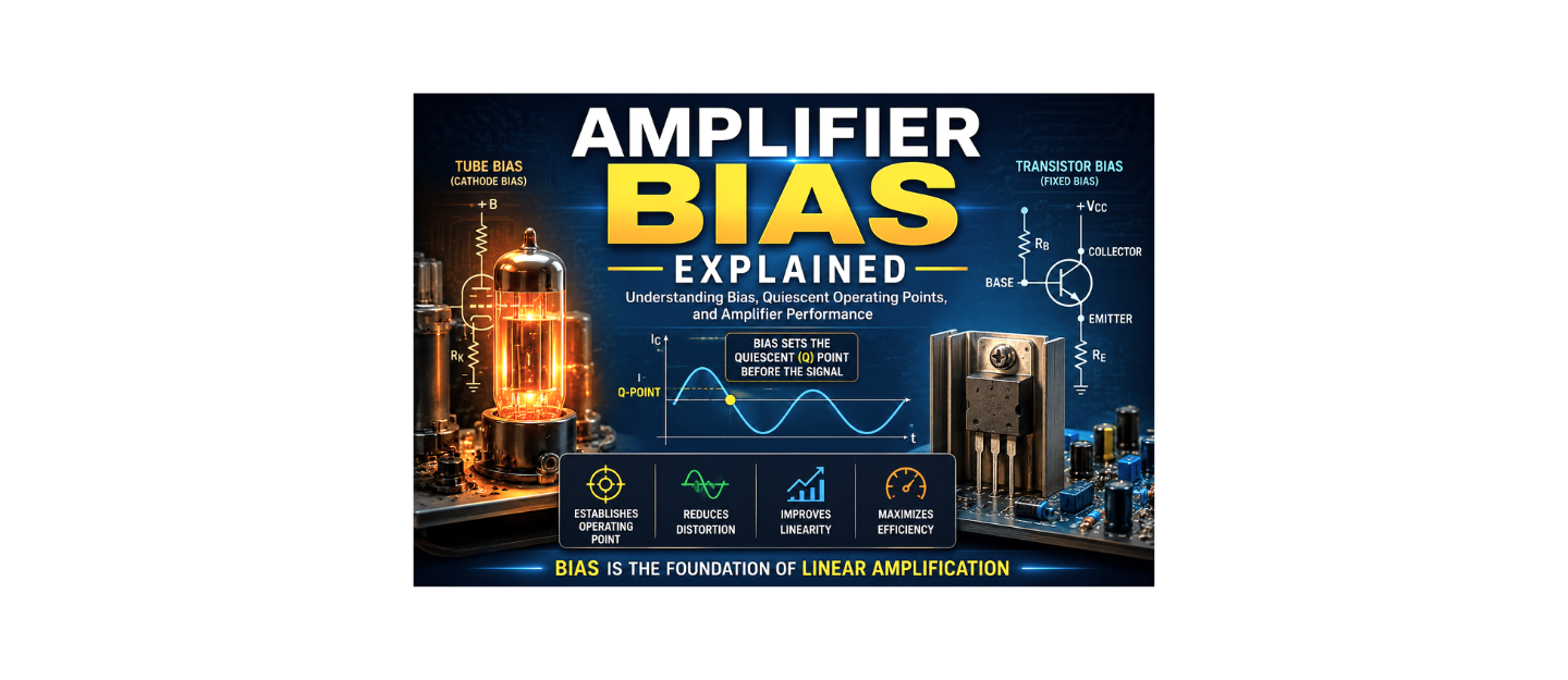 Amplifier bias explained with transistor and vacuum tube bias circuits and Q-point