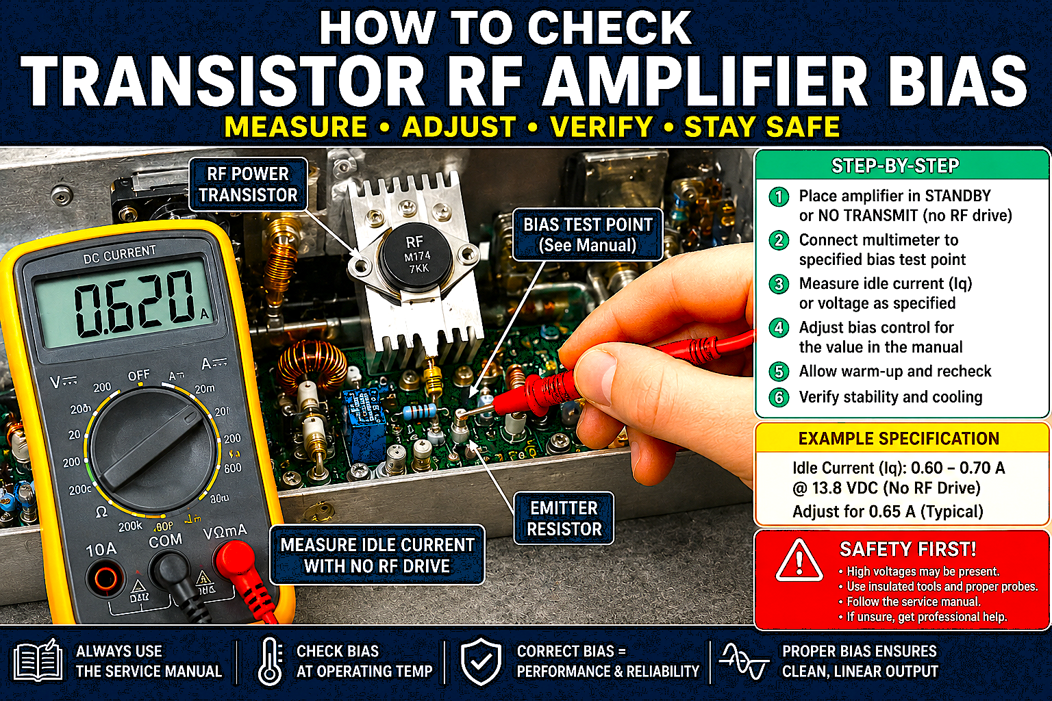 How to check transistor RF amplifier bias using a multimeter to measure idle current