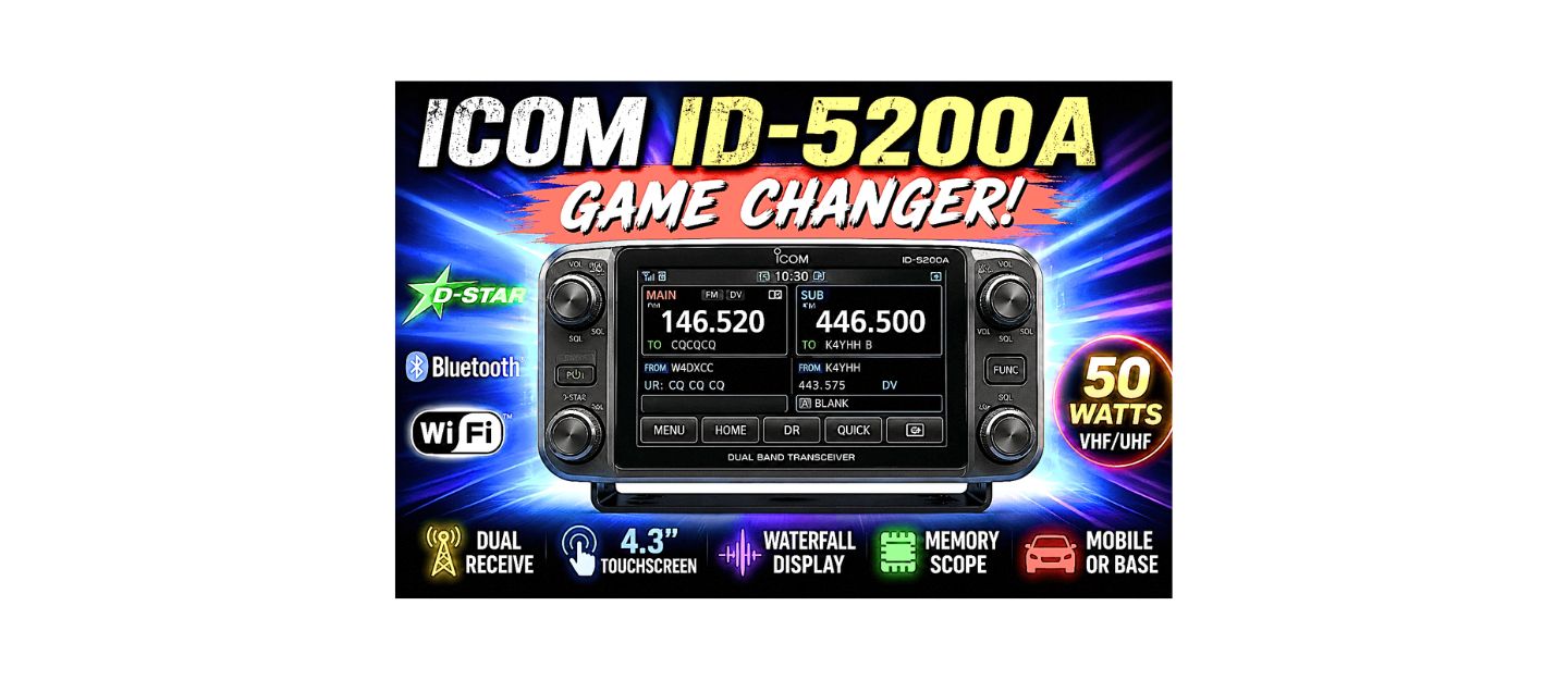 Icom ID-5200A 50W dual-band D-STAR mobile transceiver with 4.3-inch color touchscreen, dual receive, Wi-Fi, and Bluetooth