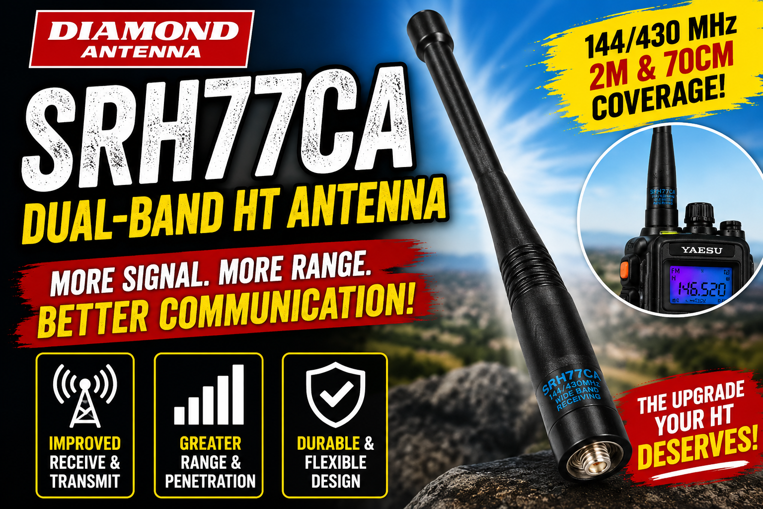 Diamond Antenna SRH77CA dual-band HT antenna displayed with a handheld ham radio, highlighting improved VHF/UHF range, stronger signal performance, and flexible design for amateur radio operators.