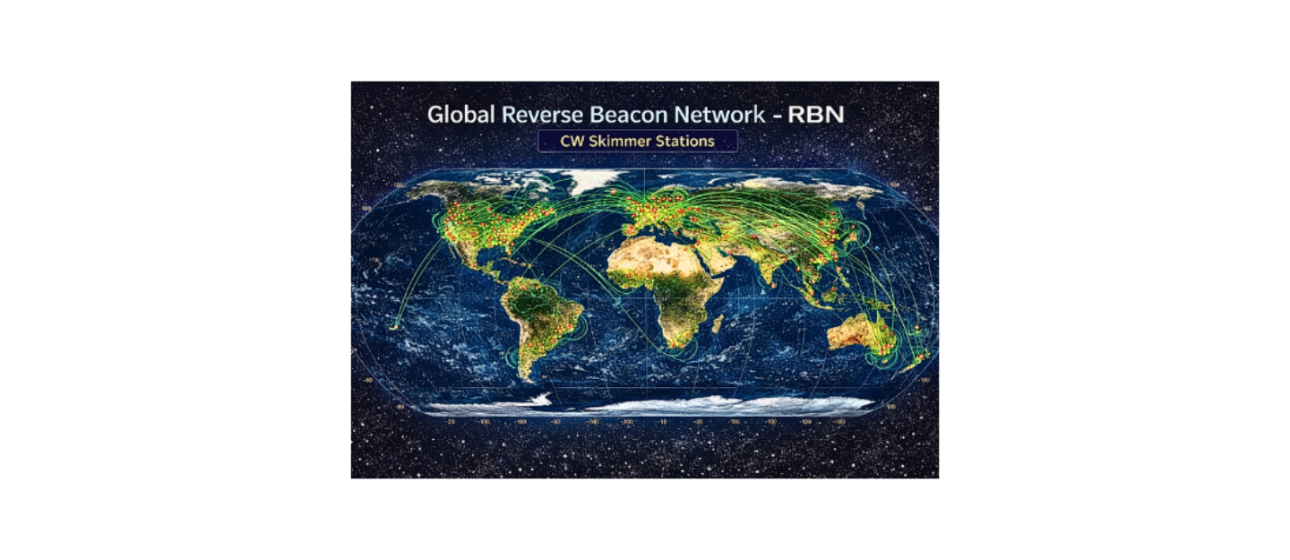Reverse Beacon Network map showing global CW skimmer stations detecting CQ calls
