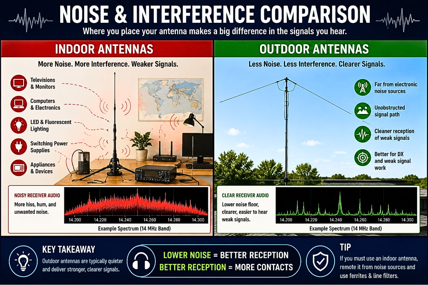 Discover why outdoor antennas often hear more signals and less noise. Compare interference, reception quality, and ham radio performance
