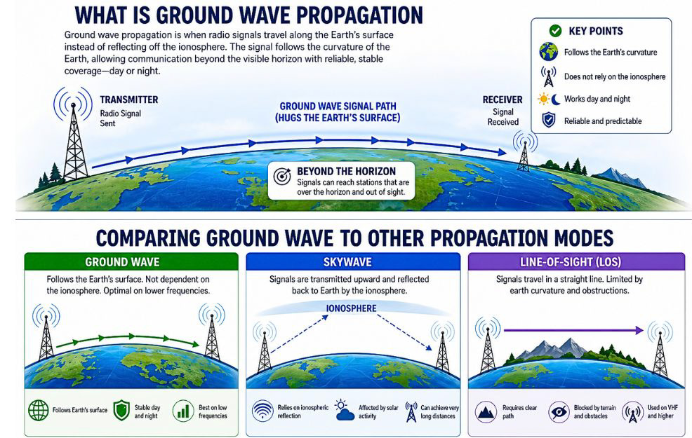 Ground wave propagation diagram showing radio signals following the Earth’s surface beyond the horizon, with labeled comparison of ground wave, skywave, and line-of-sight propagation modes.
