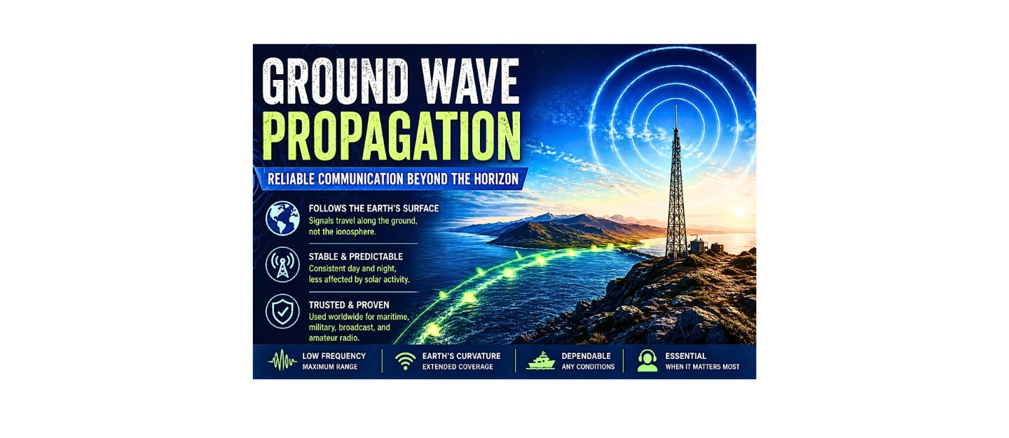 Featured image for Ground Wave Propagation showing a coastal radio tower transmitting signals beyond the horizon, illustrating reliable low-frequency communication that follows the Earth’s surface.