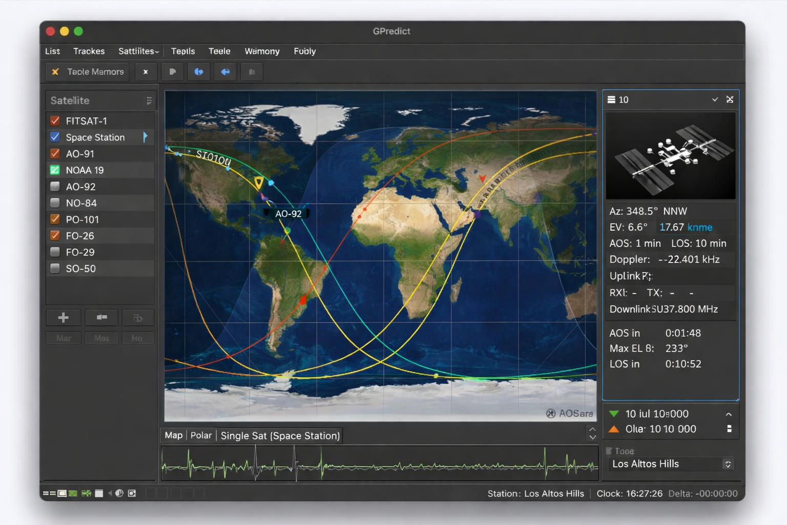 GPredict satellite tracking software interface showing real-time passes
