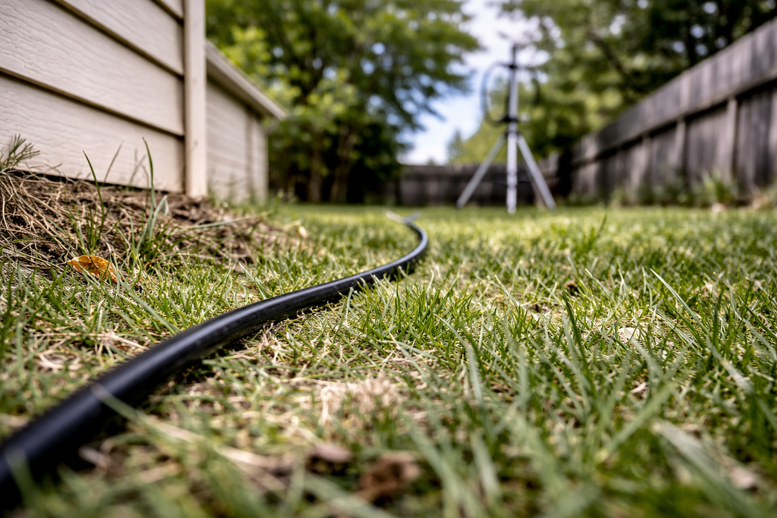 ham radio coax routing on ground with cable laid across yard for temporary antenna setup