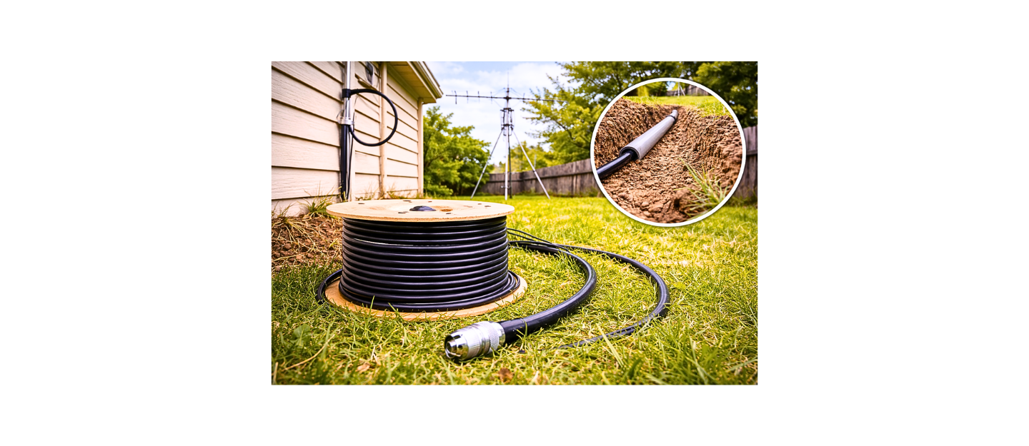 ham radio coax installation showing cable spool, antenna setup, and underground conduit routing in yard