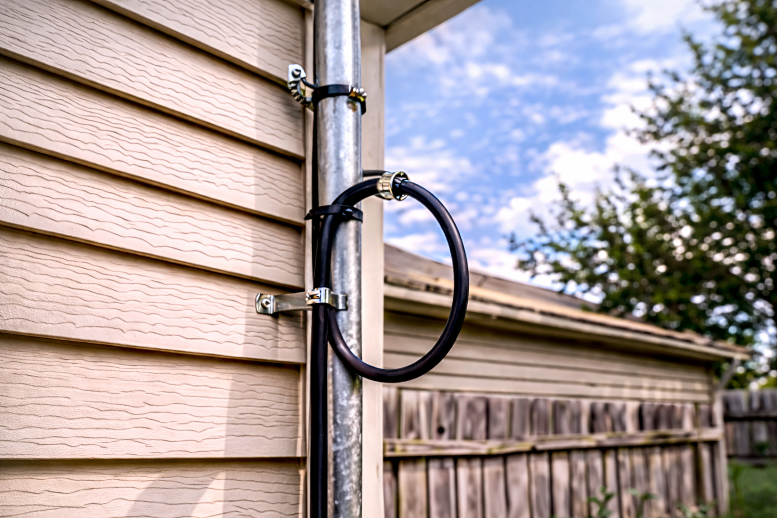 ham radio coax routing above ground on antenna mast with drip loop and UV resistant clamps