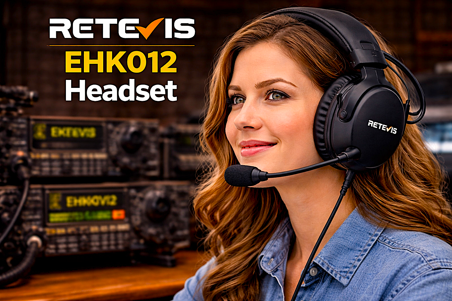Woman wearing a Retevis EHK012 over-ear headset with boom microphone, seated at a ham radio station with transceivers in the background