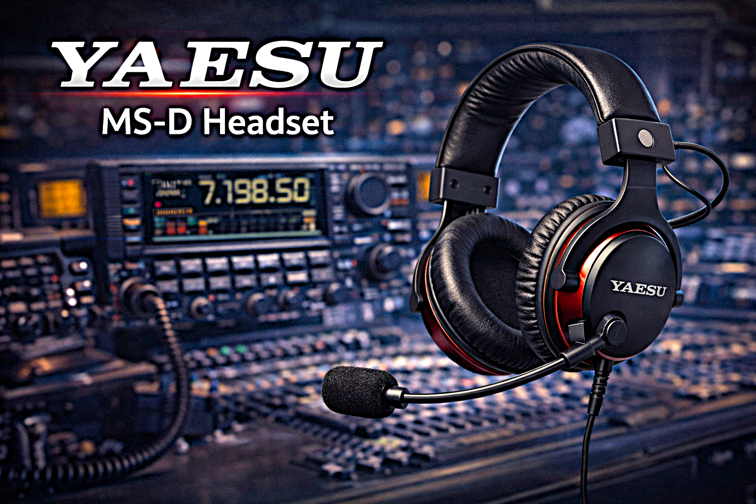 Yaesu MS-D headset with boom microphone shown in front of a ham radio transceiver, featuring padded ear cups and studio-style design for amateur radio