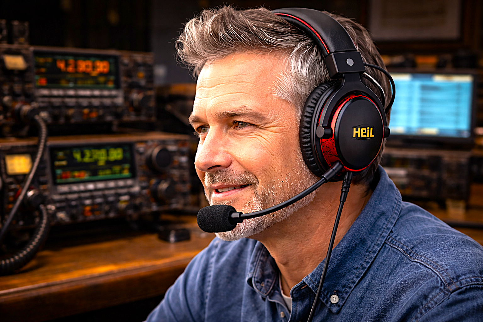 Operator wearing a Heil Pro Set Elite headset with boom microphone, seated at a ham radio station with transceivers and equipment in the background
