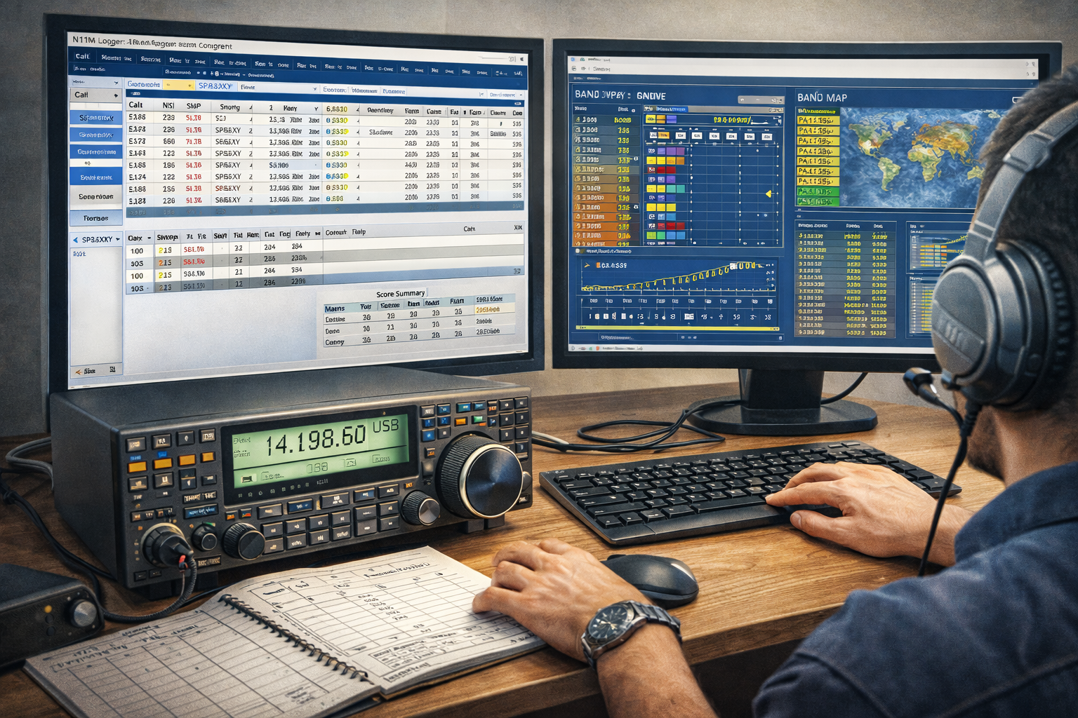 Amateur radio contest operator logging contacts in real time