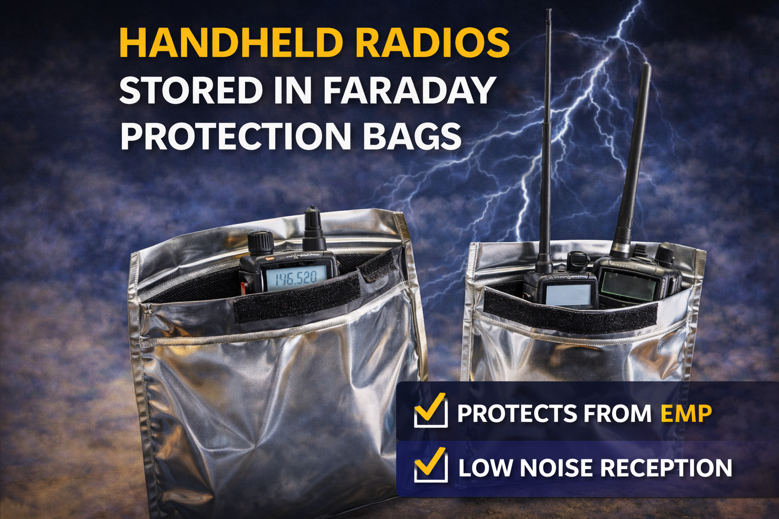 handheld ham radios stored in Faraday bags for EMP protection