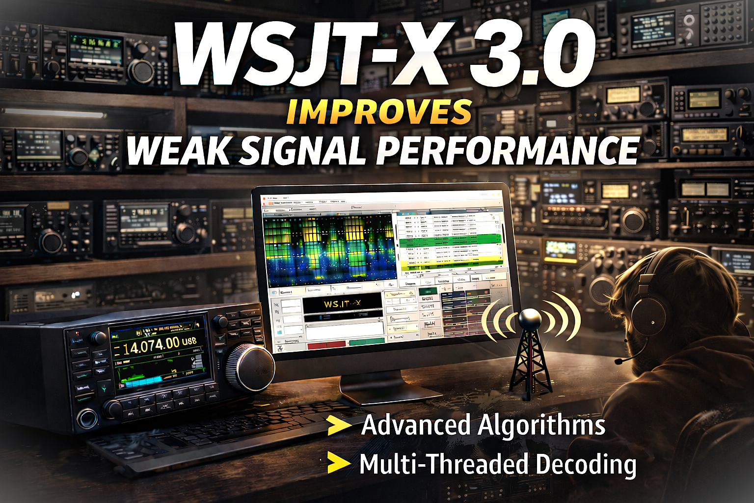 WSJT-X 3.0 weak signal performance shown in a realistic ham radio shack with transceiver, computer display, and digital mode decoding interface