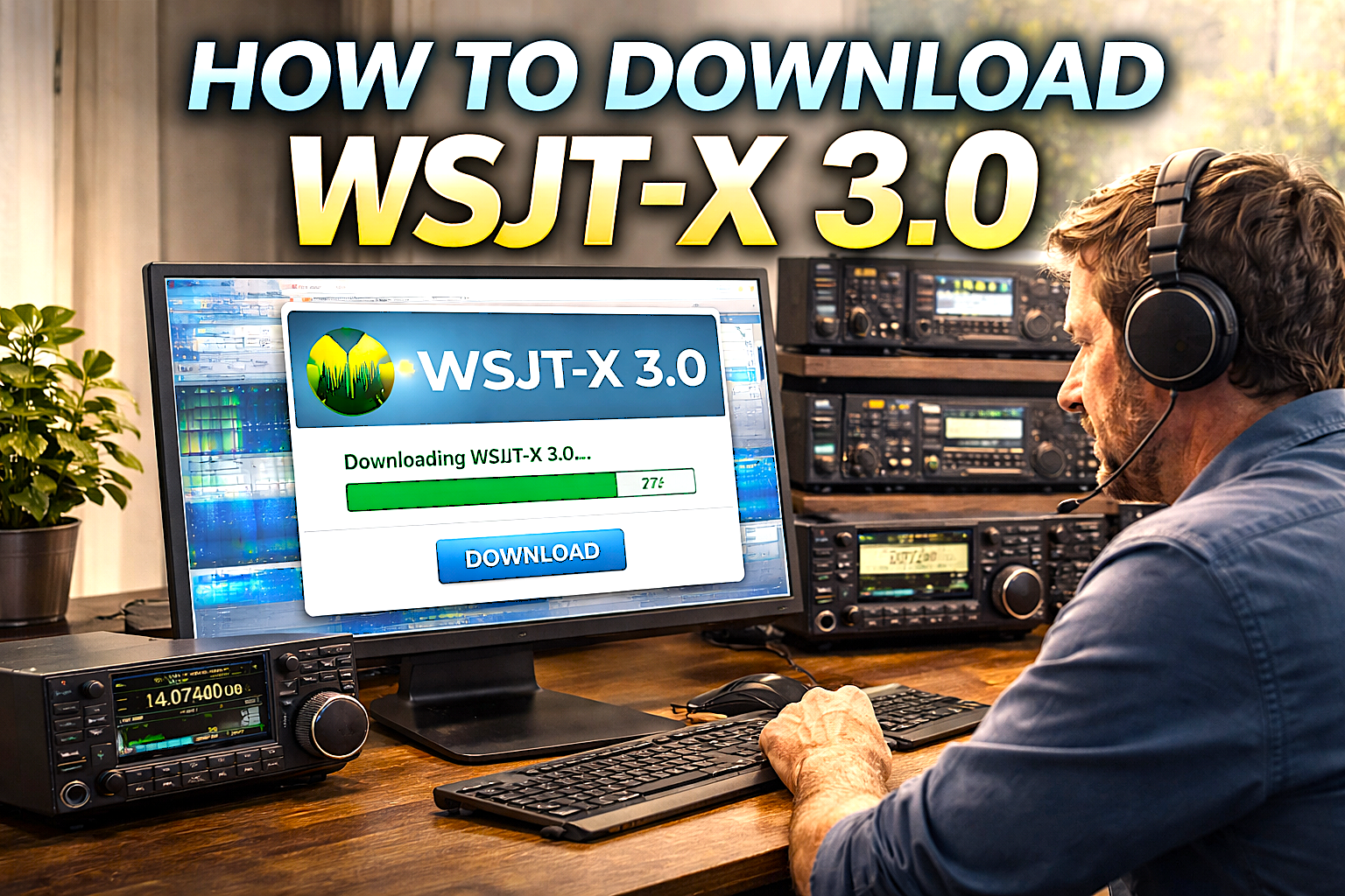 Man downloading WSJT-X 3.0 on a computer in a ham radio shack with transceiver on desk and progress bar visible