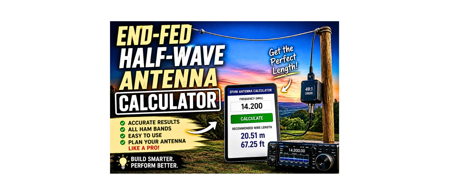 Stop guessing your EFHW antenna length. Use our End-Fed Half-Wave Antenna Calculator to get accurate wire measurements, transformer guidance, and build a better-performing ham radio antenna fast.