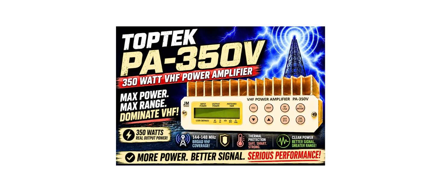 Discover the Toptek PA-350V 350 Watt VHF Power Amplifier, including features, specifications, performance, installation, and current availability.