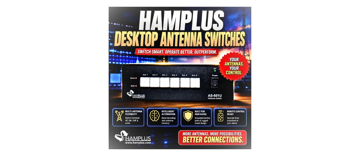 Hamplus Desktop Antenna Switches with multiple SO-239 ports for switching HF, VHF, and UHF antennas between amateur radio transceivers.