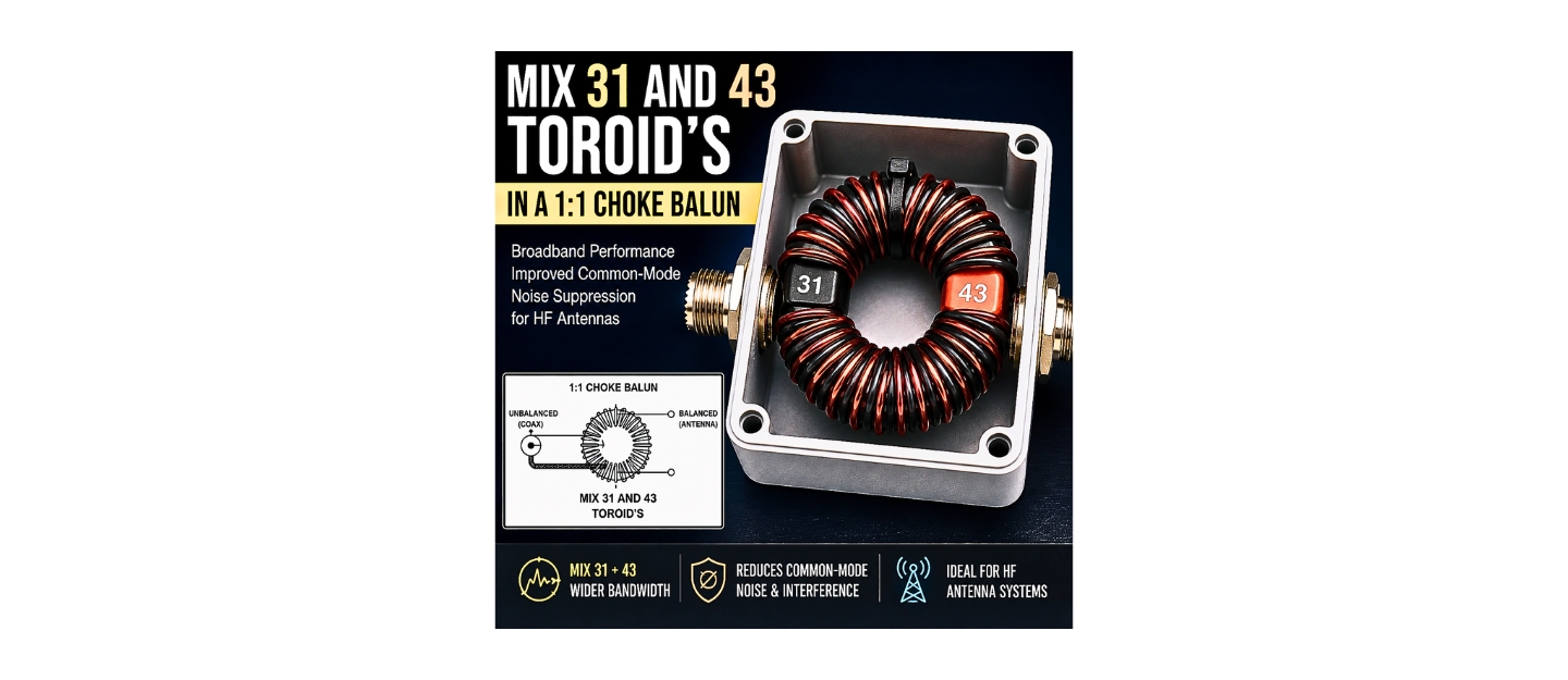 Mix 31 and Mix 43 toroids wound together in a 1:1 choke balun for HF antenna common-mode noise