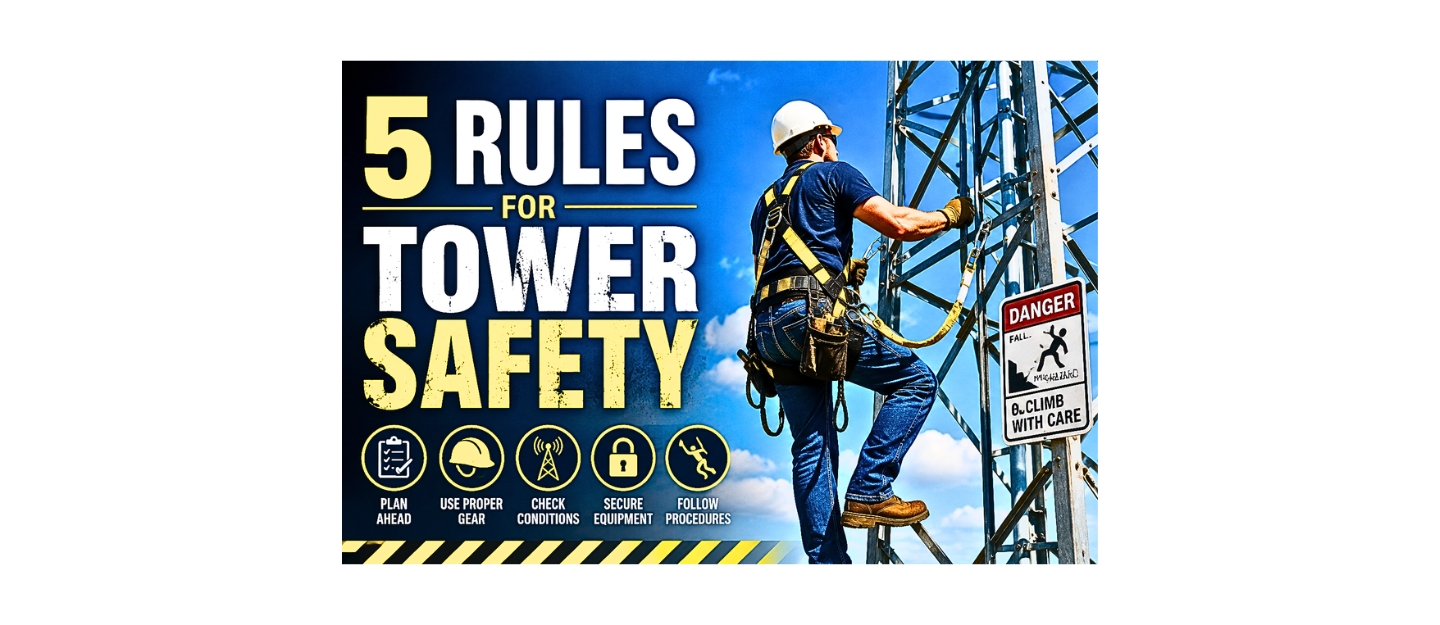 Amateur radio tower technician climbing a communications tower with fall protection equipment for tower safety
